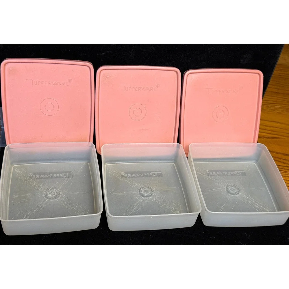 Vintage Tupperware Sandwich Keeper: Set 3 Pink Lids, Square Food Storage 670-31